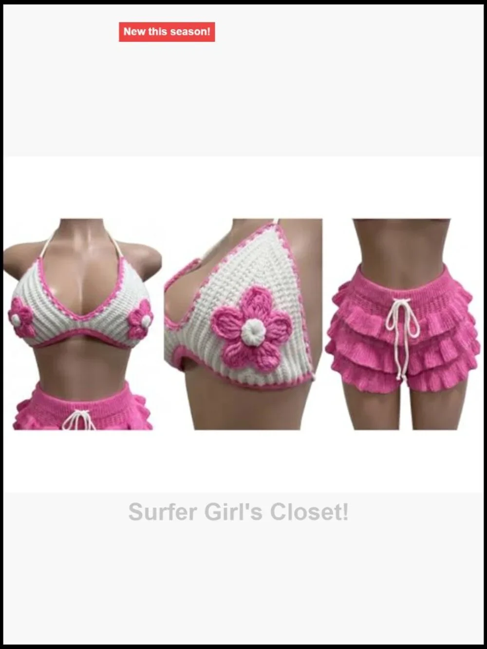 Crochet Bikini Set Floral Bra Top Drawstring Ruffle Shorts Beach Swimwear